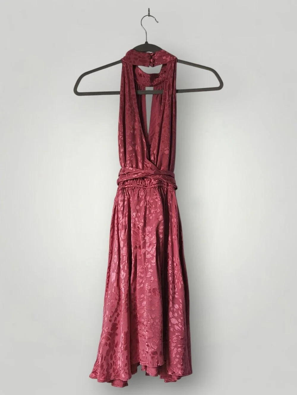Anthropologie Pink Satin Jacquard Halter Mini Dress Tie Waist‎ Womens XS